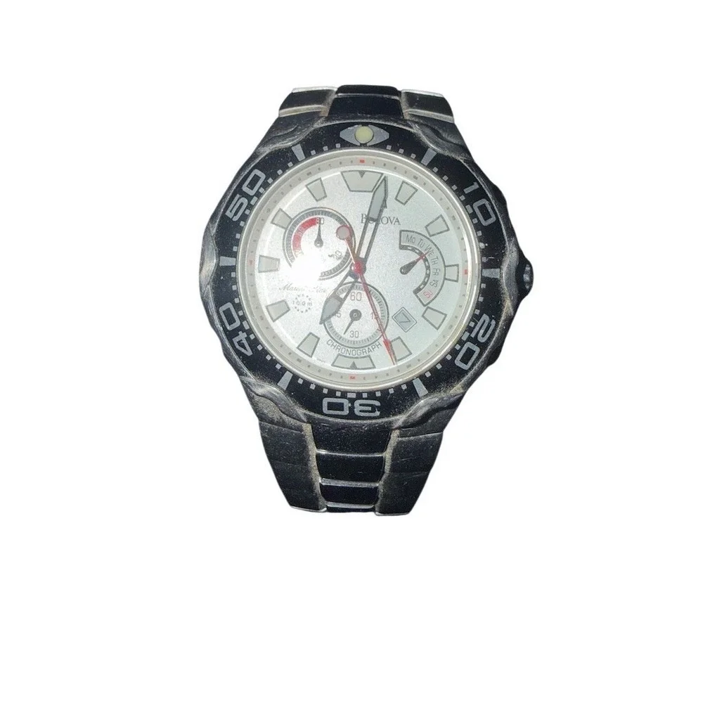 Bulova Marine Star Chronograph Men Watch Silver Dial Black‎ rotate Bezel quartz